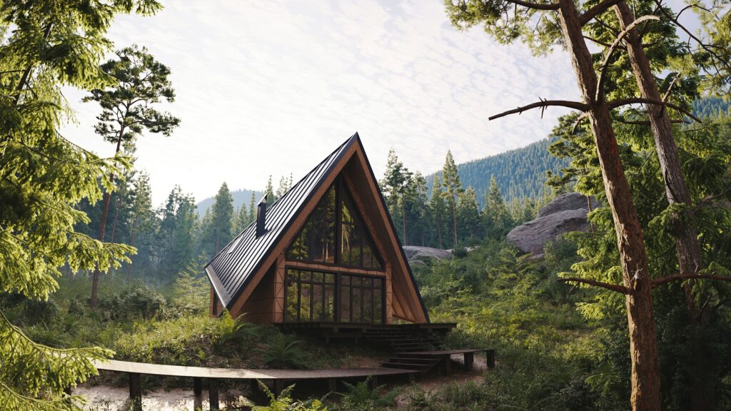 contemporary,minimalist,black,wooden,cabin,with,a,gable,roof,located